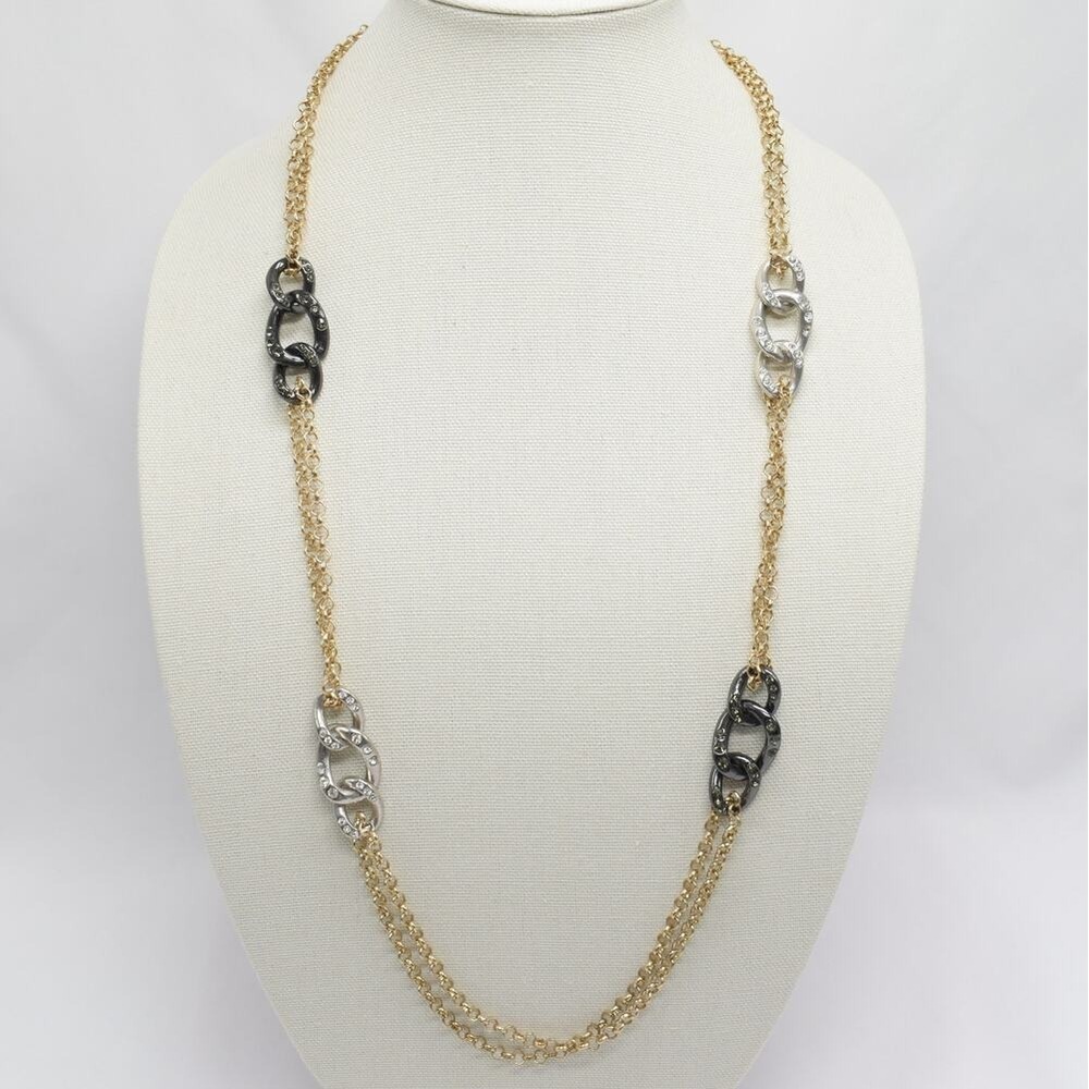 Rhinestone Long Chain Necklace Gold Silver Tone Statement Stacking Jewelry Glam